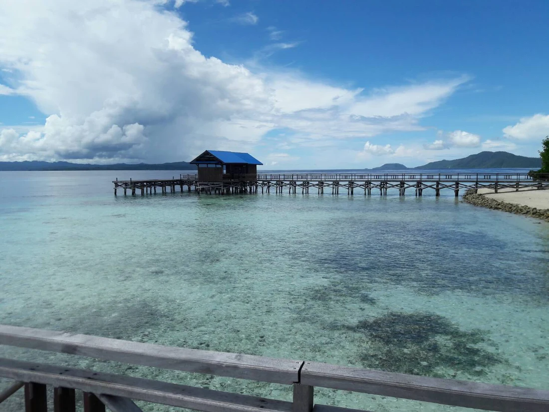 Titian dan bangunan kayu di atas perairan jernih Kampung Arborek